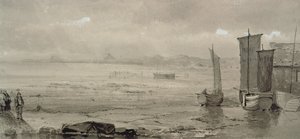 Estudio de la orilla del mar: marea baja, con barcos de pesca y pescadores de William Collins